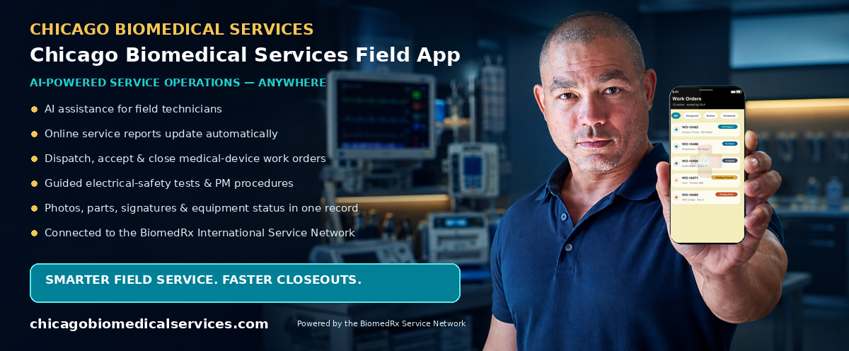 Chicago Biomedical Field — AI-powered field-service mobile app; automatic online service reports, work-order dispatch, and closeout