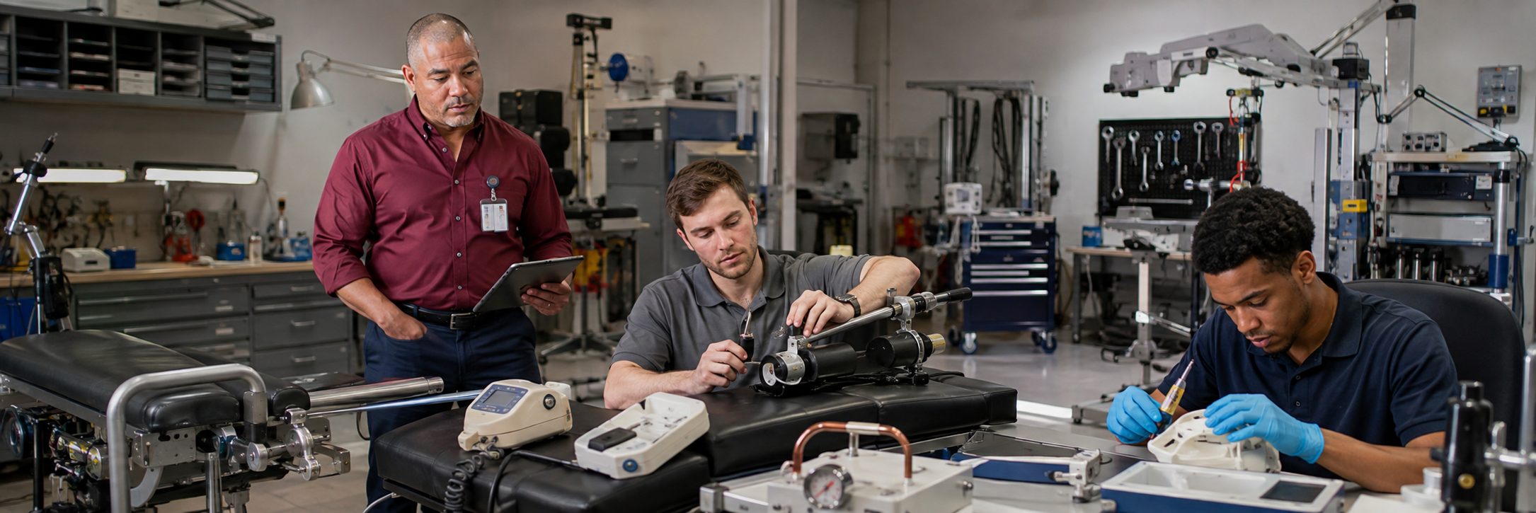 Biomedical equipment repair and bench calibration | BiomedRx HTM services Biomedical equipment repair shop bench calibration with an electrical safety analyzer