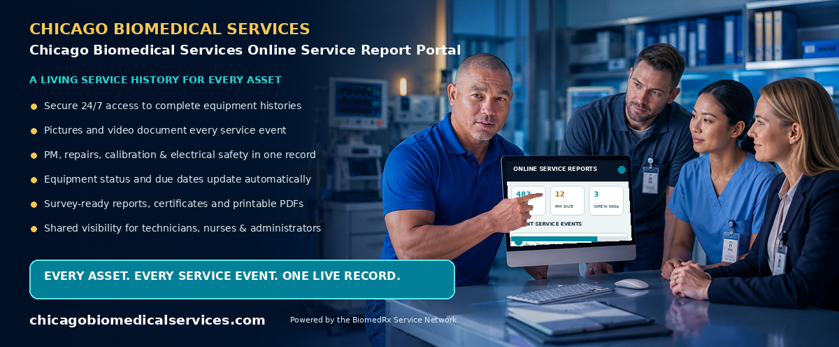 Chicago Biomedical Services Online Service Report Portal — every service event, live in your secure online report portal; view a sample report